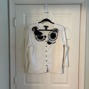 White House Black Market Women’s White Cardigan with Black Floral Accents